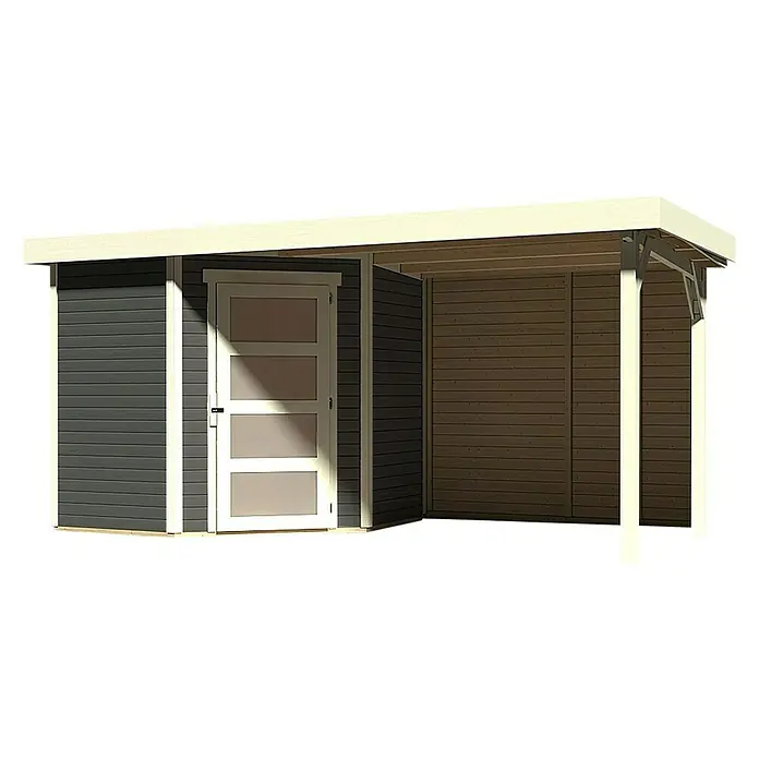 Karibu Gartenhaus Schwandorf 3 - Außenmaß inkl. Dachüberstand (B x T): 467 x 238 cm, Holz, Terragrau - Eine Gartenlaube mit einem geschlossenen Bereich und einem offenen Unterstand mit hölzernen Stützpfeilern und horizontaler Holzverkleidung.