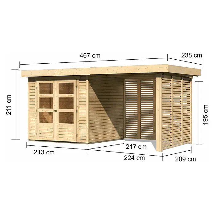 Karibu Gartenhaus Askola 2 - Außenmaß inkl. Dachüberstand (B x T): 467 x 238 cm, Holz, Natur, Mit Seitendach, Rück- & Seitendach - Abbildung eines Holzgartenhauses mit Anbau und Größenangaben in Zentimetern.