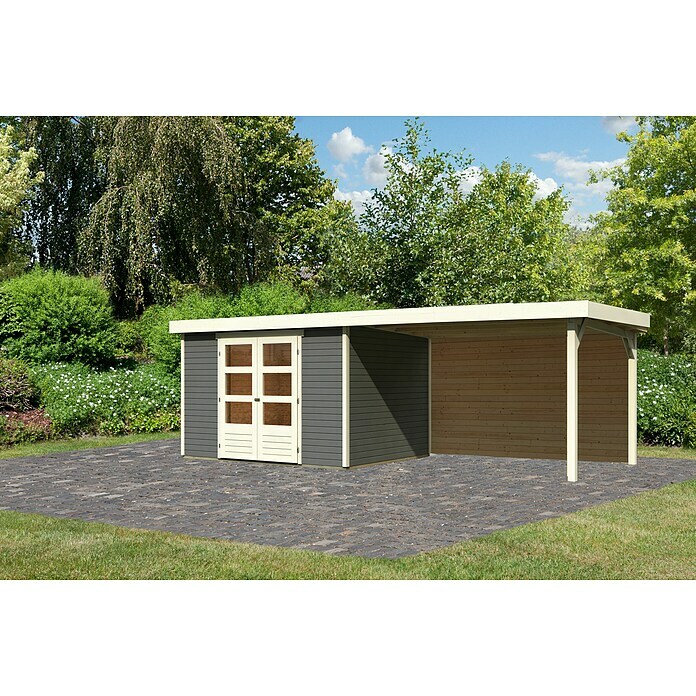 Karibu Gartenhaus Askola 5 (Außenmaß inkl. Dachüberstand (B x T): 591,5 x 262 cm, Holz, Terragrau, Mit Seitendach und Rückwand) | BAUHAUS