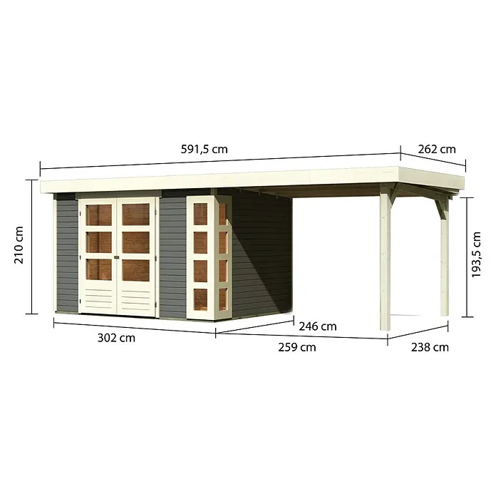 Karibu Gartenhaus Kerko 5 - Außenmaß inkl. Dachüberstand (B x T): 591,5 x 262 cm, Holz, Terragrau, Mit Seitendach - Abbildung eines Gartenhauses mit Carport und Maßangaben zu den Abmessungen des Hauses und Carports.