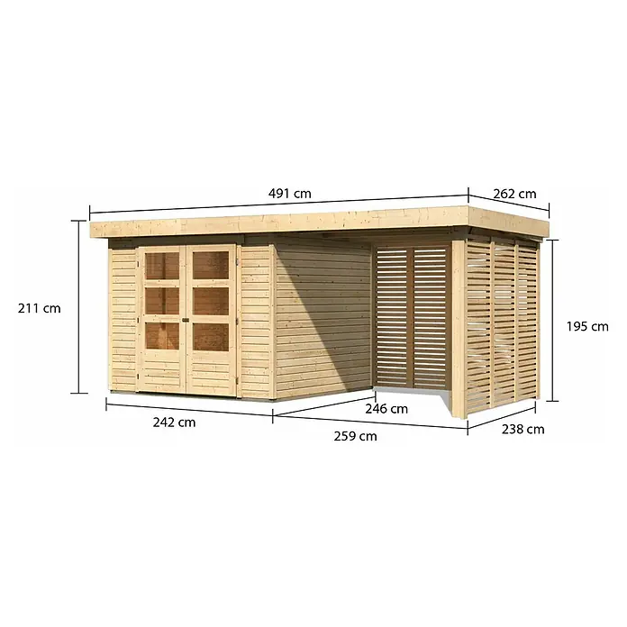 Karibu Gartenhaus Askola 3,5 - Außenmaß inkl. Dachüberstand (B x T): 491 x 262 cm, Holz, Natur, Mit Seitendach, Rück- und Seitenlamellenwand - Ansicht eines Holzgartenhauses mit Anbau und Maßangaben. Das Gartenhaus verfügt über eine Doppeltür.