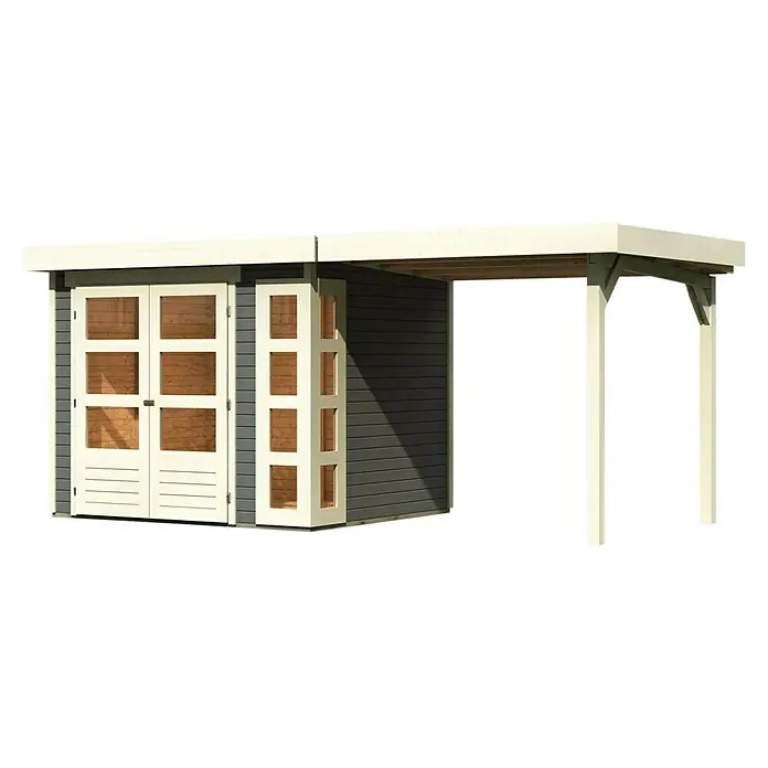 Karibu Gartenhaus Kerko 3 - Außenmaß inkl. Dachüberstand (B x T): 491 x 238 cm, Holz, Terragrau, Mit Seitendach - Gartenhaus mit Doppeltür und Vordach, ideal für zusätzlichen Stauraum im Freien. Robustes Design mit grauem Holz und weißen Akzenten.