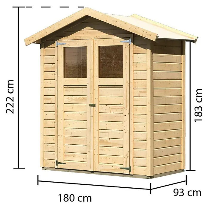 Karibu Gartenhaus Easy - Außenmaß inkl. Dachüberstand (B x T): 207 x 120 cm, Holz, Natur - Abbildung eines Holzgartenschuppens mit Maßangaben, der einen guten Überblick über seine Größe bietet.