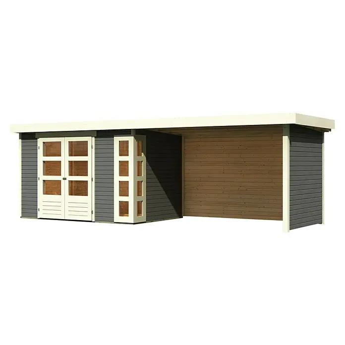 Karibu Gartenhaus Kerko 4 - Außenmaß inkl. Dachüberstand (B x T): 609 x 238 cm, Holz, Terragrau, Mit Seitendach, Rück- und Seitenwand - Ein Holzgartenhaus mit Doppeltüren und einer offenen Seite, ideal für Gartenlagerung oder als Unterstand. Das Gartenhaus bietet Schutz und Stauraum.
