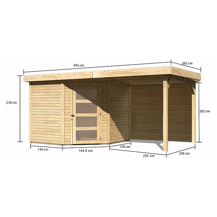 Karibu Gartenhaus Schwandorf 5 - Außenmaß inkl. Dachüberstand (B x T): 492,5 x 262 cm, Holz, Natur - Ansicht eines Gartenhauses mit überdachter Veranda und Maßangaben zu Länge, Höhe und Breite.