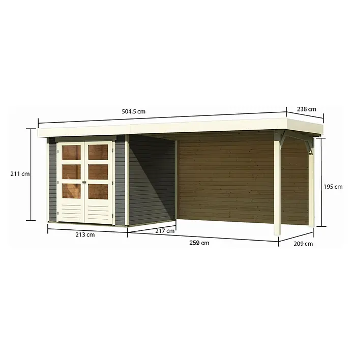Karibu Gartenhaus Askola 2 - Außenmaß inkl. Dachüberstand (B x T): 504,5 x 238 cm, Holz, Terragrau, Mit Seitendach & Rückwand - Abbildung eines Gartenhauses mit den Maßen 211 cm Höhe, 504,5 cm Länge und 238 cm Breite.