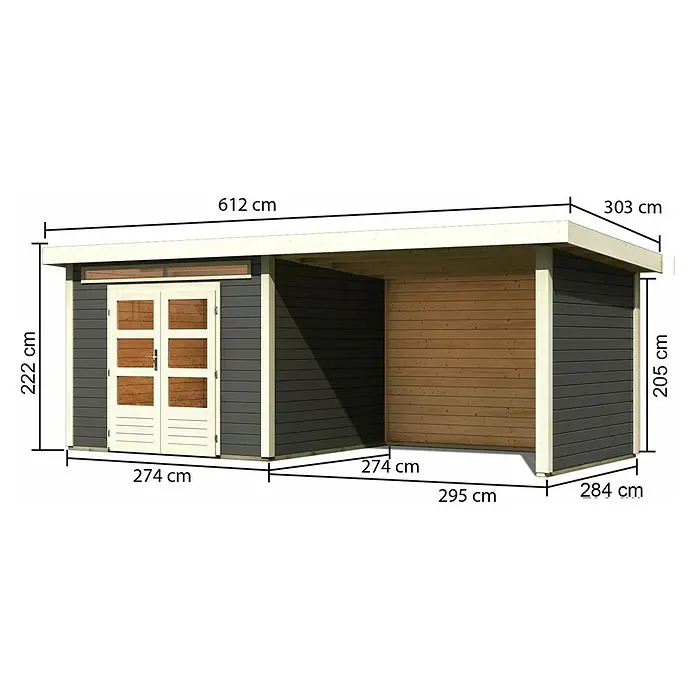 Karibu Gartenhaus Kandern 6 - Außenmaß inkl. Dachüberstand (B x T): 612 x 303 cm, Holz, Terragrau, Mit Seitendach, Rück- und Seitenwand - Eine Abbildung des Gartenhauses mit einer detaillierten Maßangabe.