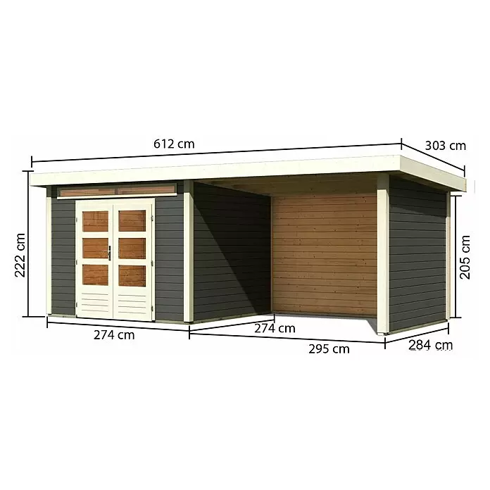 Karibu Gartenhaus Kandern 6Außenmaß inkl. Dachüberstand (B x T): 612 x 303 cm, Holz, Terragrau, Mit Seitendach, Rück- und Seitenwand