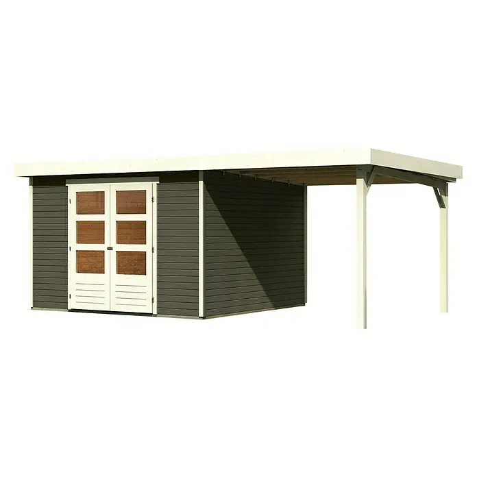 Karibu Gartenhaus Askola 6 - Außenmaß inkl. Dachüberstand (B x T): 558 x 331 cm, Holz, Terragrau, Mit Seitendach - Das Bild zeigt einen modernen Geräteschuppen mit einem hellen Vordach, der Stauraum und Schutz für Gartengeräte bietet.