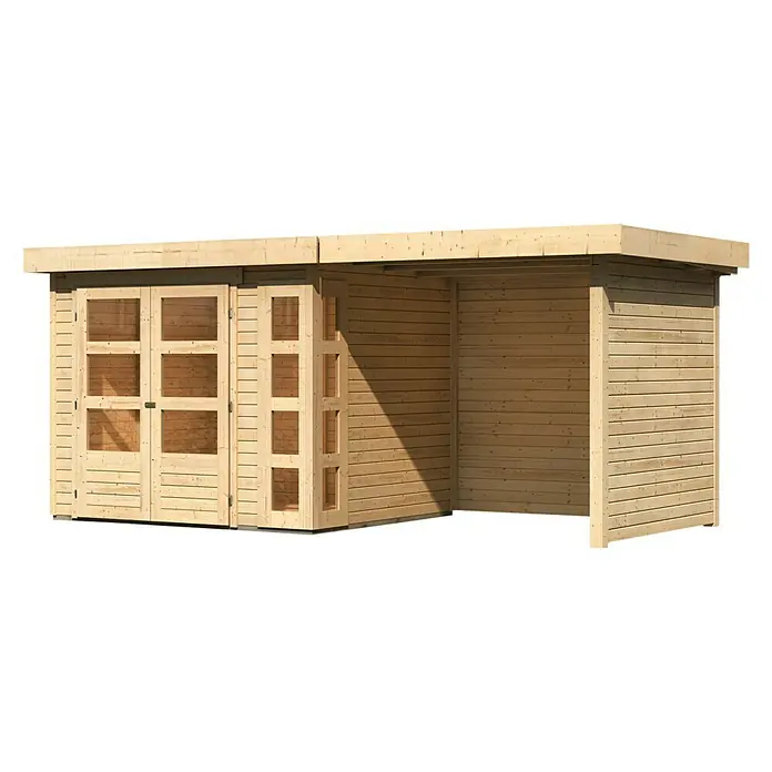Karibu Gartenhaus Kerko 3 - Außenmaß inkl. Dachüberstand (B x T): 491 x 238 cm, Holz, Natur, Mit Seitendach, Rück- und Seitenwand - Holzgartenhaus mit Doppeltür und Seitenwand, ideal für die Aufbewahrung von Gartengeräten und als stilvoller Unterstand.