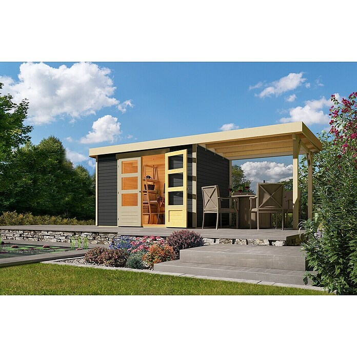 Karibu Gartenhaus Askola 4 (Außenmaß inkl. Dachüberstand (B x T): 554 x 238 cm, Holz, Terragrau, Mit Seitendach) | BAUHAUS