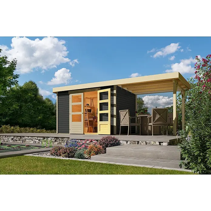 Karibu Gartenhaus Cuno 4 - Außenmaß inkl. Dachüberstand (B x T): 554 x 238 cm, Holz, Terragrau, Mit Seitendach - Ein modernes Gartenhaus mit Doppeltüren und einem überdachten Sitzbereich, umgeben von einem gepflegten Garten mit Teich und blühenden Blumen.