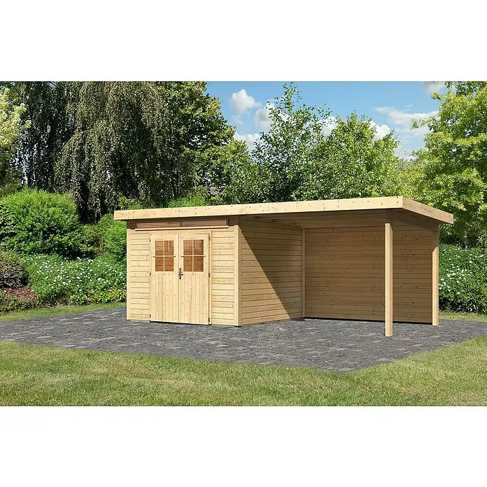 Karibu Gartenhaus Kandern 6Außenmaß inkl. Dachüberstand (B x T): 612 x 303 cm, Holz, Natur, Mit Seitendach und Rückwand - Abbildung eines Holzschuppens mit angrenzendem Unterstand im Freien, ideal für Gartenutensilien und Außenbereiche.