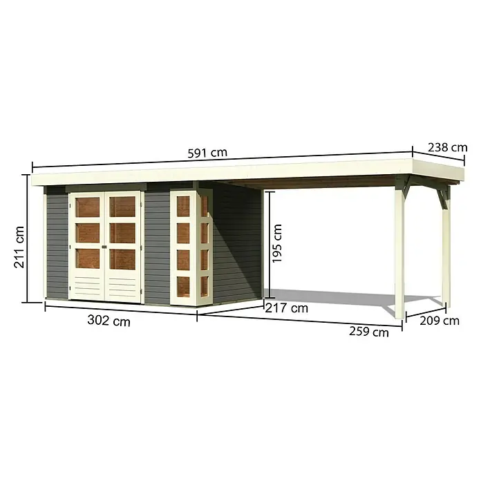 Karibu Gartenhaus Kerko 4 - Außenmaß inkl. Dachüberstand (B x T): 609 x 238 cm, Holz, Terragrau, Mit Seitendach - Abbildung eines Gartenhauses mit Vordach und Maßangaben.