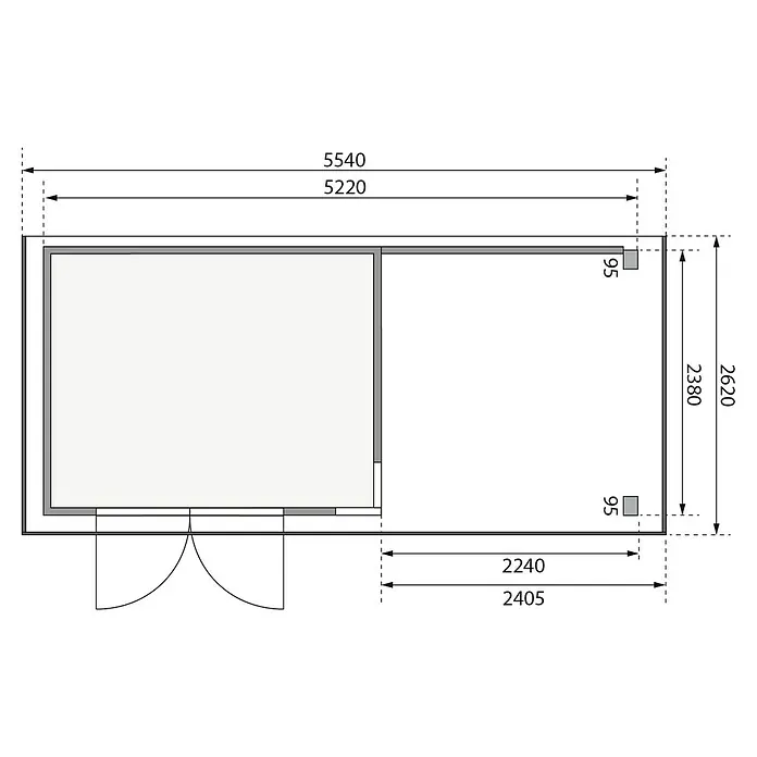 Karibu Gartenhaus Kerko 5 - Außenmaß inkl. Dachüberstand (B x T): 554 x 262 cm, Holz, Natur, Mit Seitendach und Rückwand - Draufsicht des Grundrisses eines Hauses mit Maßangaben. Die Abmessungen geben Auskunft über die Raumgrößen und die Gebäudeaußenmaße.