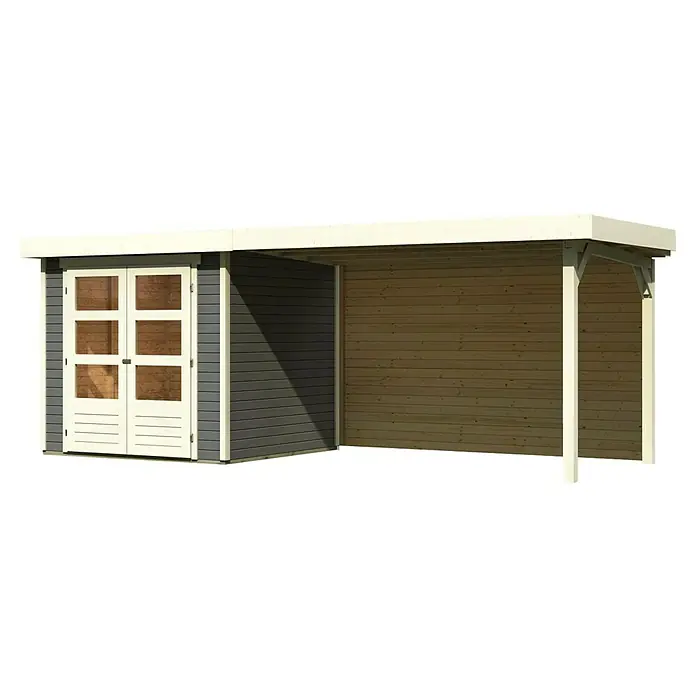 Karibu Gartenhaus Askola 2 - Außenmaß inkl. Dachüberstand (B x T): 504,5 x 238 cm, Holz, Terragrau, Mit Seitendach & Rückwand - Modernes Gartenhaus mit Flachdach und überdachtem Bereich. Das Haus verfügt über eine Doppeltür mit Fenstern und eine stilvolle Farbgebung.