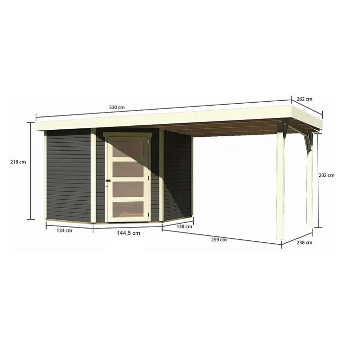 Karibu Gartenhaus Schwandorf 5 - Außenmaß inkl. Dachüberstand (B x T): 529,5 x 262 cm, Holz, Terragrau, Mit Seitendach - Abmessungen des Gartenhauses mit überdachter Veranda: 530 cm breit, 262 cm tief, 218 cm hoch.