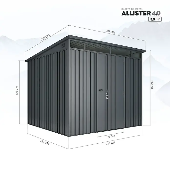 Hoggar Caseta de jardín Allister 5.5 - Medidas ext. (An x Pr): 237 x 226 cm, Antracita, Metal, Área: 5,5 m² - Imagen de una caseta de jardín metálica Allister 4.0 con dimensiones de 237 cm x 232 cm x 201 cm y una superficie de 5,5 m².