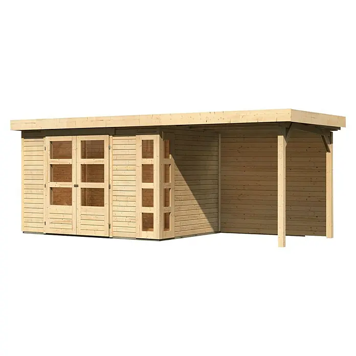 Karibu Gartenhaus Kerko 4 - Außenmaß inkl. Dachüberstand (B x T): 554 x 238 cm, Holz, Natur, Mit Seitendach und Rückwand - Ein helles Holzgartenhaus mit Fenstertüren und einem überdachten Anbau, ideal für den Garten.