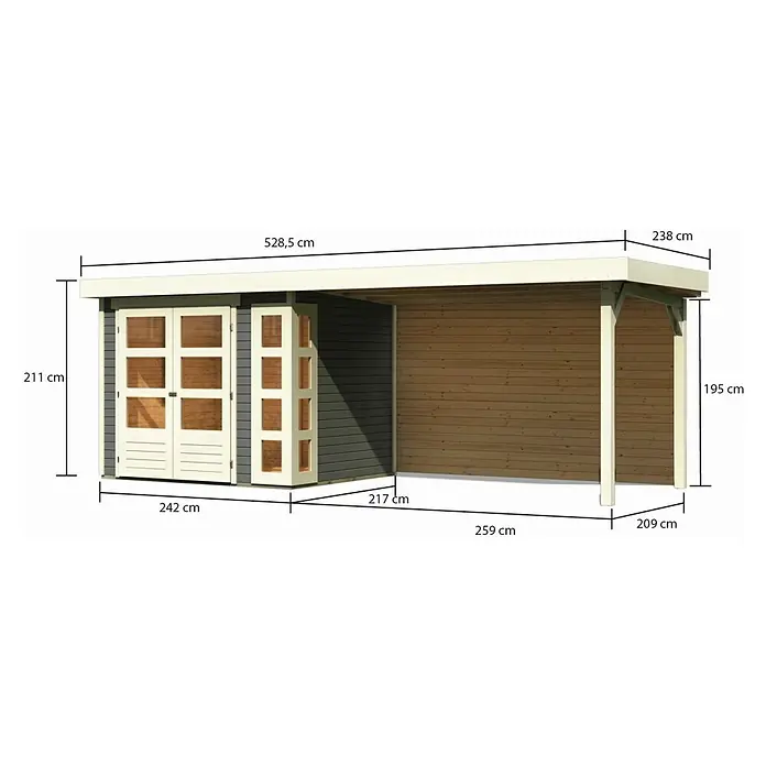 Karibu Gartenhaus Kerko 3 - Außenmaß inkl. Dachüberstand (B x T): 528,5 x 238 cm, Holz, Terragrau, Mit Seitendach und Rückwand - Abbildung eines Gartenhauses mit den Maßangaben Höhe, Breite und Tiefe.