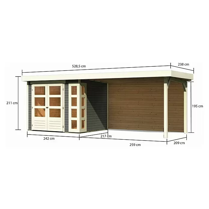 Karibu Gartenhaus Kerko 3Außenmaß inkl. Dachüberstand (B x T): 528,5 x 238 cm, Holz, Terragrau, Mit Seitendach und Rückwand