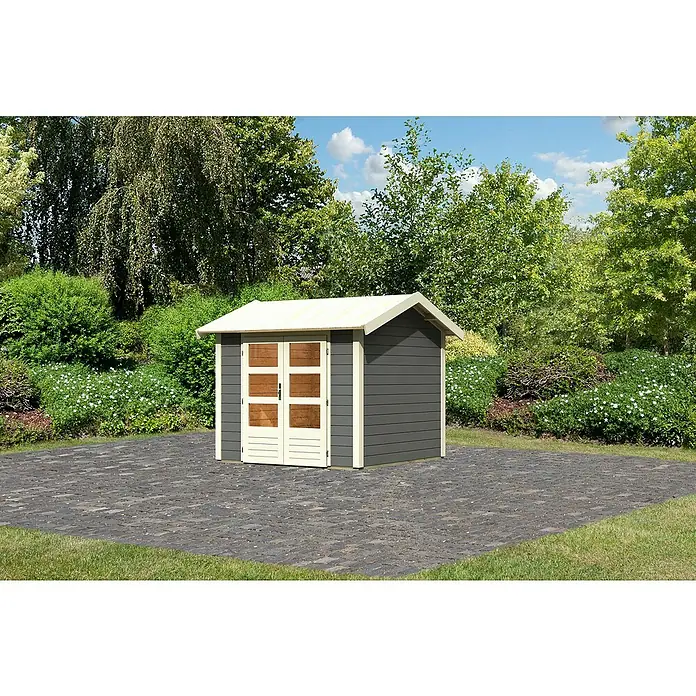 Karibu Gartenhaus Theres - Außenmaß inkl. Dachüberstand (B x T): 270 x 288 cm, Holz, Terragrau - Ein graues Gartenhaus mit Doppeltür und hellem Dach vor einer grünen Gartenkulisse.