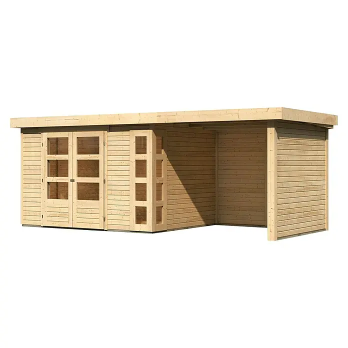 Karibu Gartenhaus Kerko 5 - Außenmaß inkl. Dachüberstand (B x T): 554 x 262 cm, Holz, Natur, Mit Seitendach, Rück- und Seitenwand - Eine helle Holzgartenlaube mit Fenstertüren und offenem Anbau, die durch ihr schlichtes Design besticht und vielseitig nutzbar ist.