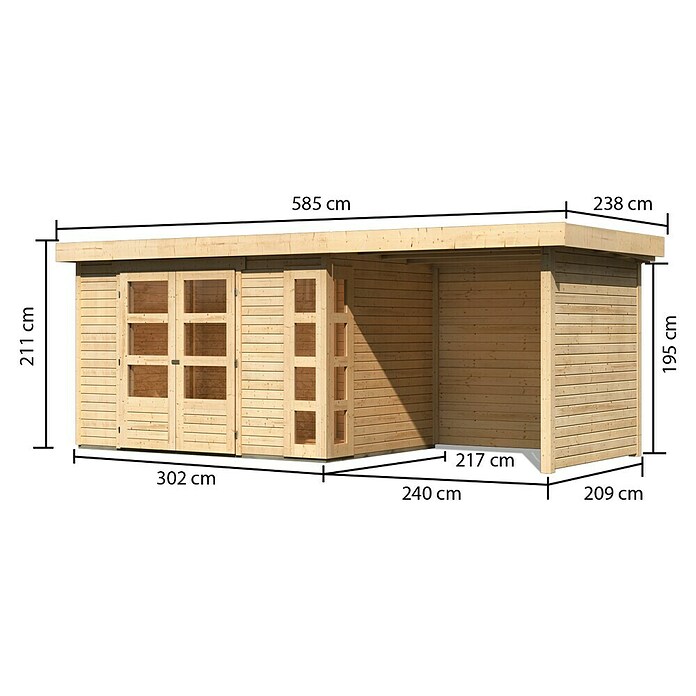 Karibu Gartenhaus Kerko 4 (Außenmaß inkl. Dachüberstand (B x T): 554 x 238 cm, Holz, Natur, Mit Seitendach, Rück- und Seitenwand) | BAUHAUS