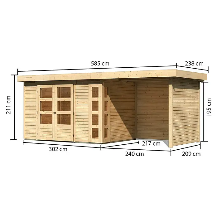 Karibu Gartenhaus Kerko 4 - Außenmaß inkl. Dachüberstand (B x T): 554 x 238 cm, Holz, Natur, Mit Seitendach, Rück- und Seitenwand - Ansicht eines Holzgartenhauses mit Abmessungen für Planung und Bau, ideal für den Garten.