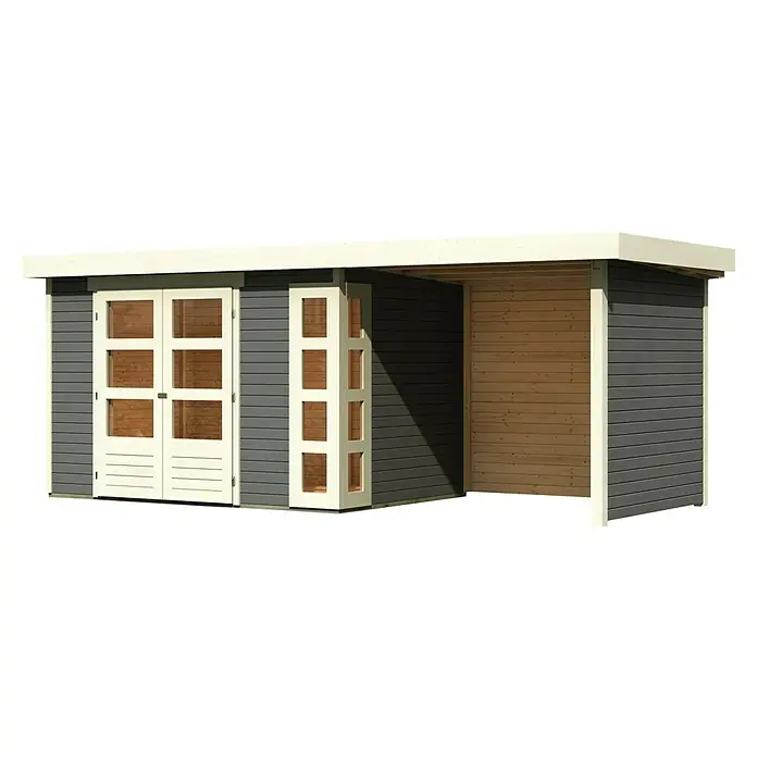 Karibu Gartenhaus Kerko 4 - Außenmaß inkl. Dachüberstand (B x T): 554 x 238 cm, Holz, Terragrau, Mit Seitendach, Rück- und Seitenwand - Ein graues Gartenhaus mit weißen Akzenten, Doppeltür und offenem Anbau. Die Holzkonstruktion bietet praktischen Stauraum für den Garten.