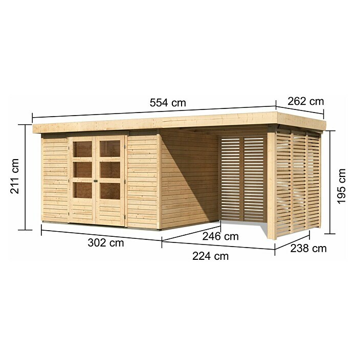 Karibu Gartenhaus Askola 5 (Außenmaß inkl. Dachüberstand (B x T): 554 x 262 cm, Holz, Natur, Mit Seitendach, Rück- und Seitenlamellenwand) | BAUHAUS