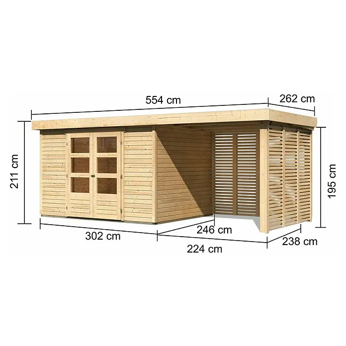 Karibu Gartenhaus Askola 5 - Außenmaß inkl. Dachüberstand (B x T): 554 x 262 cm, Holz, Natur, Mit Seitendach, Rück- und Seitenlamellenwand - Ansicht eines Holzschuppens mit Größenangaben, die die Abmessungen hervorheben.
