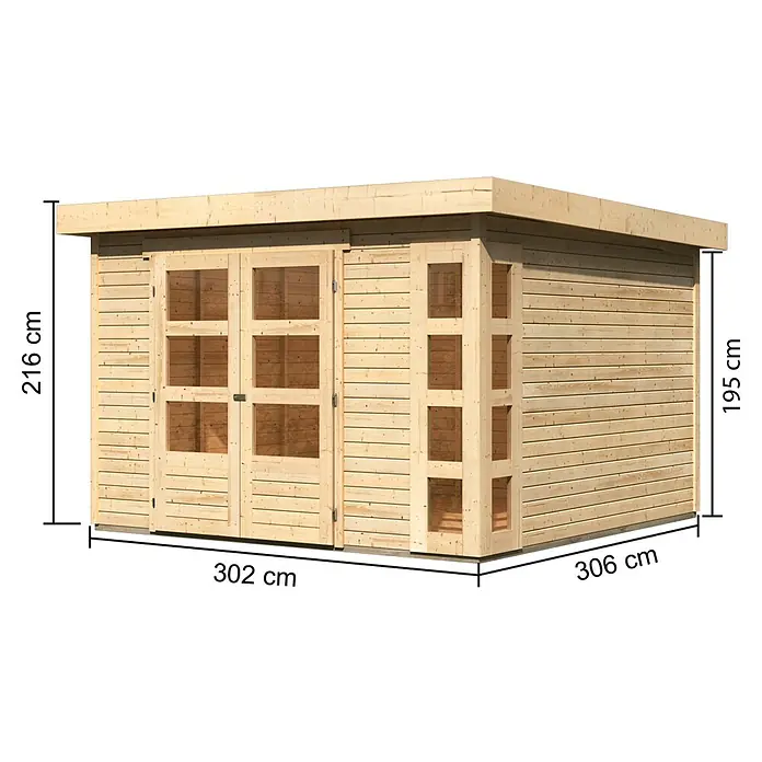 Karibu Gartenhaus Kerko 6 - Außenmaß inkl. Dachüberstand (B x T): 334 x 331 cm, Holz, Natur - Abbildung eines Holzgartenschuppens mit den Maßen 302 cm x 306 cm x 216 cm.