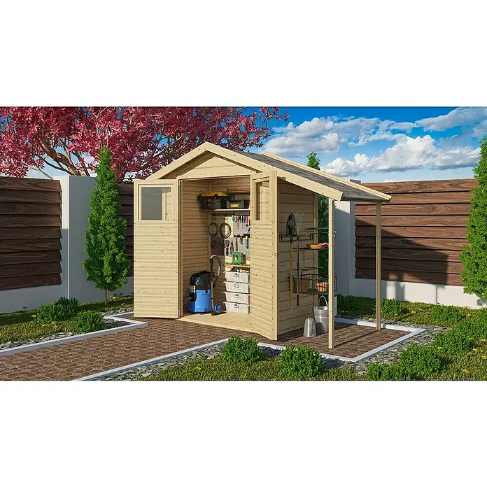 Karibu GartenhausAußenmaß inkl. Dachüberstand (B x T): 289 x 120 cm, Holz, Natur - Dieses Bild zeigt ein geräumiges Gartenhaus aus Holz mit Regalen und Werkzeugen, das sich perfekt für die Gartenarbeit eignet.