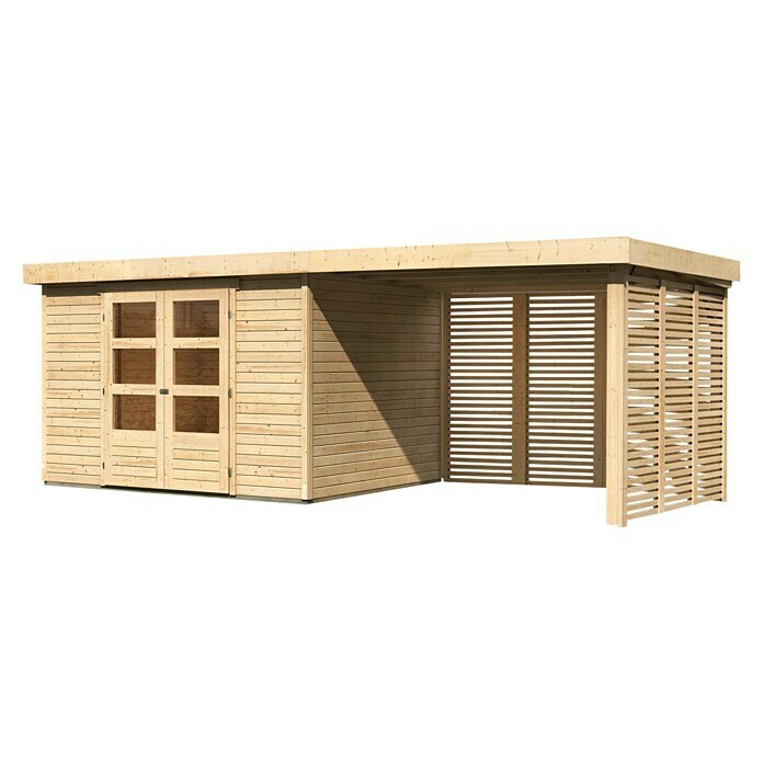 Karibu Gartenhaus Askola 5 (Außenmaß inkl. Dachüberstand (B x T): 591,5 x 262 cm, Holz, Natur, Mit Seitendach, Rück- und Seitenlamellenwand) | BAUHAUS