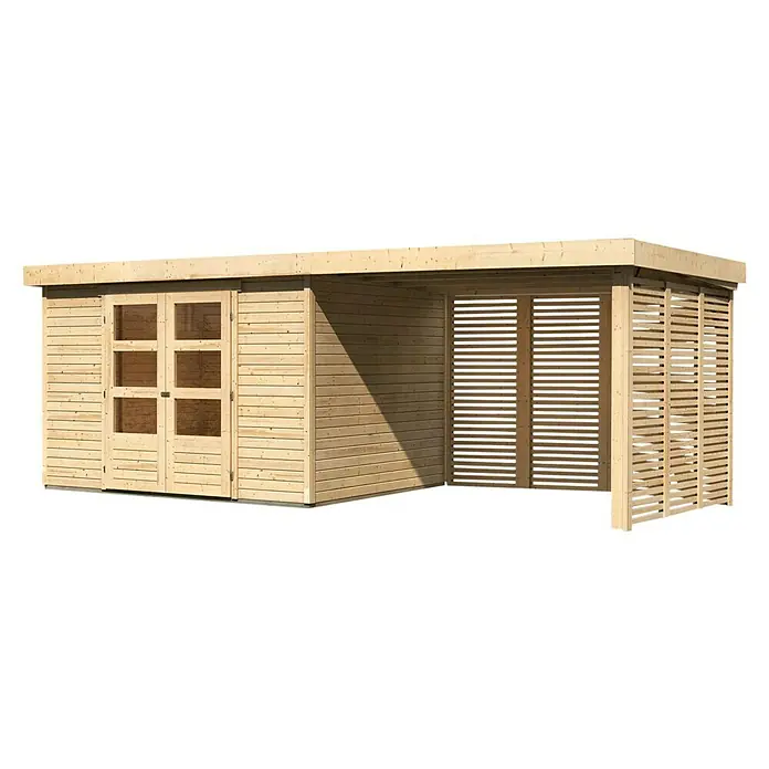 Karibu Gartenhaus Askola 5 - Außenmaß inkl. Dachüberstand (B x T): 591,5 x 262 cm, Holz, Natur, Mit Seitendach, Rück- und Seitenlamellenwand - Ein helles Holzgartenhaus mit Doppeltür und offenem Anbau. Ideal für Gartenliebhaber, die Stauraum und einen geschützten Bereich suchen.