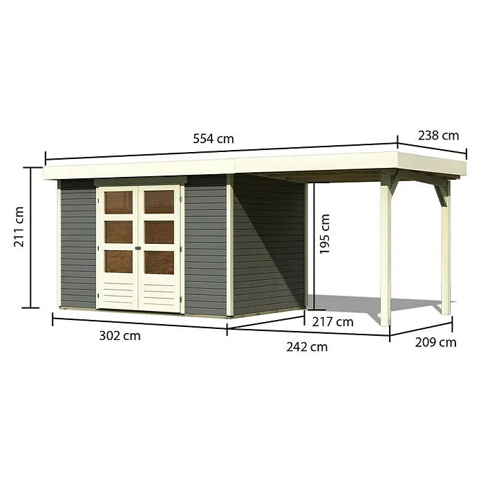 Karibu Gartenhaus Cuno 4 - Außenmaß inkl. Dachüberstand (B x T): 554 x 238 cm, Holz, Terragrau, Mit Seitendach - Ansicht eines Gartenhauses mit Überdachung und Größenangaben, ideal für den Garten.