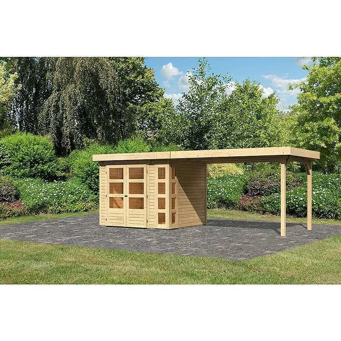 Karibu Gartenhaus Kerko 3Außenmaß inkl. Dachüberstand (B x T): 528,5 x 238 cm, Holz, Natur, Mit Seitendach - Abbildung eines Holzgartenhauses mit Überdachung, ideal für die Aufbewahrung und als Unterstand im Freien.
