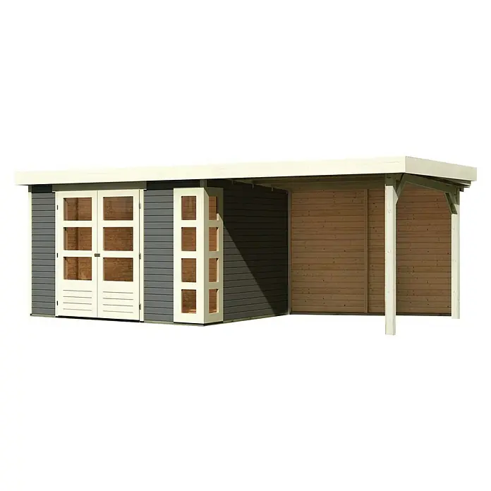 Karibu Gartenhaus Kerko 5 - Außenmaß inkl. Dachüberstand (B x T): 591,5 x 262 cm, Holz, Terragrau, Mit Seitendach und Rückwand - Gartensauna mit grauem Holz und weißen Akzenten. Die Außensauna verfügt über Glastüren und einen überdachten Bereich.
