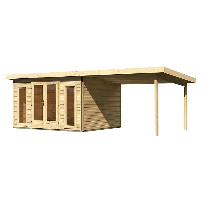 Karibu Gartenhaus Radeburg 2 - Außenmaß inkl. Dachüberstand (B x T): 724 x 331,5 cm, Holz, Natur, Mit Seitendach - Holzgartenhaus mit überdachtem Bereich, ideal für Entspannung im Freien und als stilvolle Ergänzung für jeden Garten.