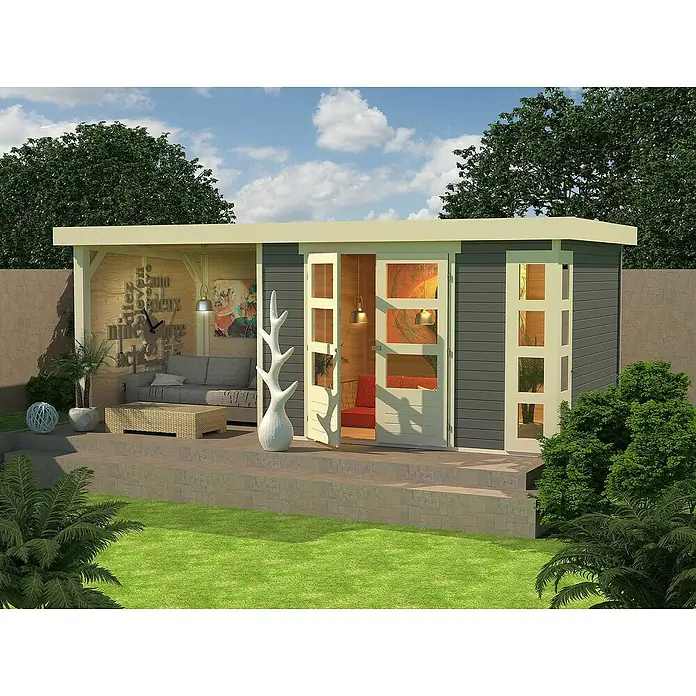 Karibu Gartenhaus Kerko 5 - Außenmaß inkl. Dachüberstand (B x T): 554 x 262 cm, Holz, Terragrau, Mit Seitendach, Rück- und Seitenwand - Ein modernes Gartenhaus mit grauem Holz, weißen Fenstern und einer überdachten Veranda. Das Innere ist mit Möbeln und Dekorationen ausgestattet.