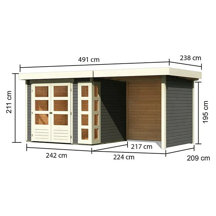 Karibu Gartenhaus Kerko 3 - Außenmaß inkl. Dachüberstand (B x T): 491 x 238 cm, Holz, Terragrau, Mit Seitendach, Rück- und Seitenwand - Abbildung eines Gartenhauses mit den Maßangaben 491 cm Länge und 211 cm Höhe, inklusive der weiteren Größenangaben.