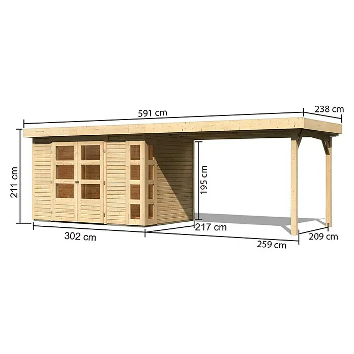Karibu Gartenhaus Kerko 4 - Außenmaß inkl. Dachüberstand (B x T): 609 x 238 cm, Holz, Natur, Mit Seitendach - Abbildung eines Holzgartenhauses mit Carport und Maßangaben für die Konstruktion und die Abmessungen des Holzhauses.