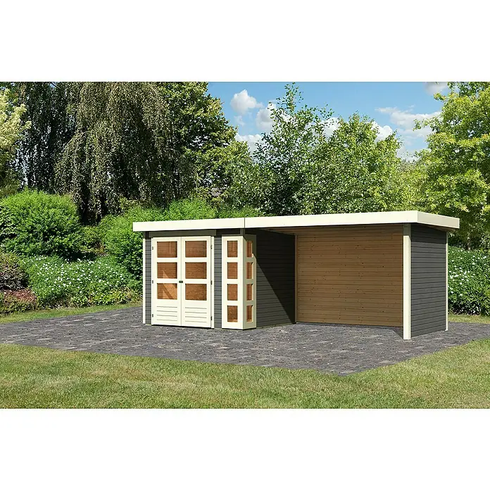 Karibu Gartenhaus Kerko 3 - Außenmaß inkl. Dachüberstand (B x T): 528,5 x 238 cm, Holz, Terragrau, Mit Seitendach, Rück- und Seitenwand - Ein modernes Gartenhaus mit Doppeltür und angrenzendem Carport-Bereich, ideal für die Aufbewahrung von Gartengeräten und als Unterstand.