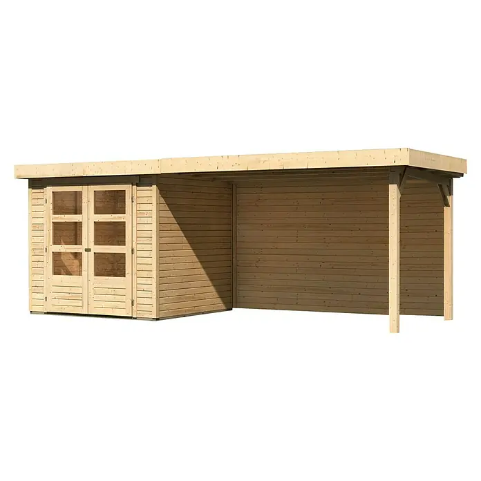 Karibu Gartenhaus Askola 2 - Außenmaß inkl. Dachüberstand (B x T): 504,5 x 238 cm, Holz, Natur, Mit Seitendach & Rückwand - Eine naturbelassene Holzgartenlaube mit Doppeltür und überdachtem Bereich. Perfekt für entspannte Stunden im Freien und als Lagerraum.