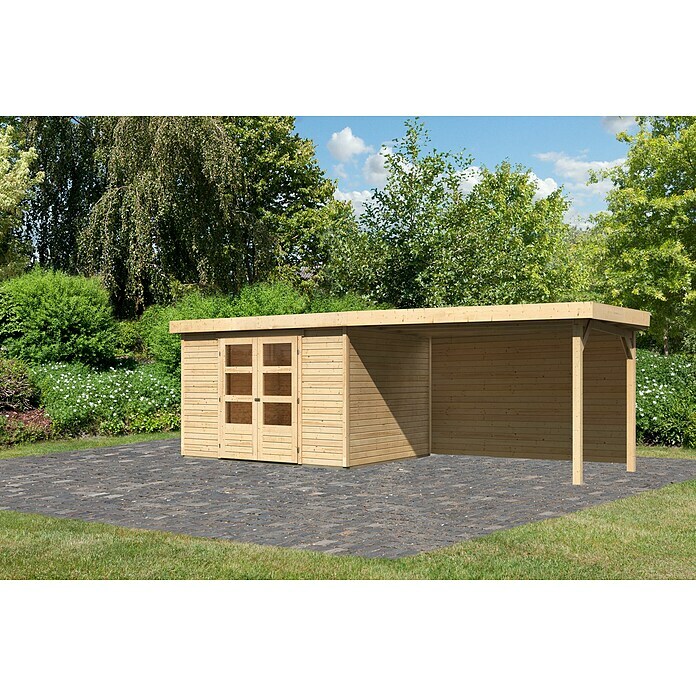 Karibu Gartenhaus Askola 5 (Außenmaß inkl. Dachüberstand (B x T): 591,5 x 262 cm, Holz, Natur, Mit Seitendach und Rückwand) | BAUHAUS