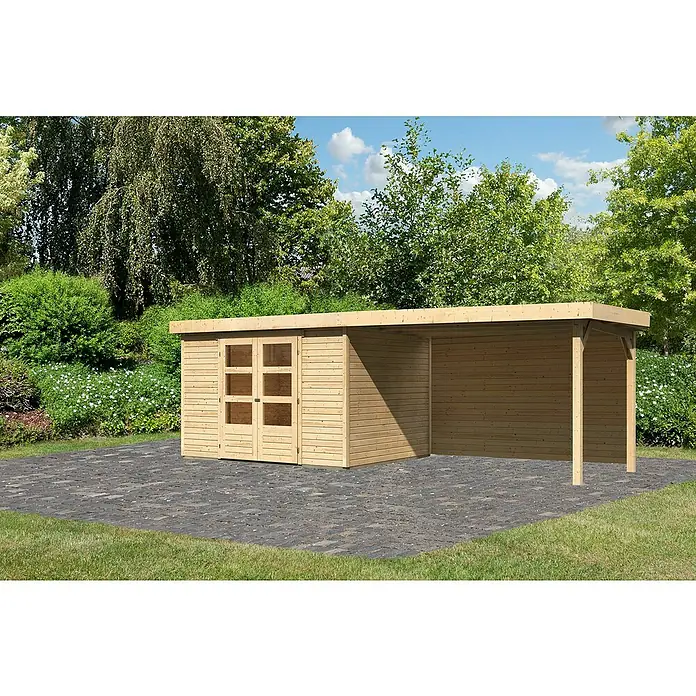 Karibu Gartenhaus Askola 5 - Außenmaß inkl. Dachüberstand (B x T): 591,5 x 262 cm, Holz, Natur, Mit Seitendach und Rückwand - Holzgartenhaus mit Anbau und Doppeltür. Perfekt für Gartenutensilien und als Unterstand. Natürliches Design für jeden Garten.