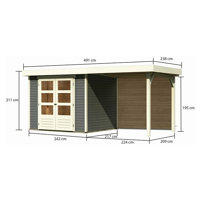 Karibu Gartenhaus Askola 3 (Außenmaß inkl. Dachüberstand (B x T): 491 x 238 cm, Holz, Terragrau, Mit Seitendach und Rückwand) | BAUHAUS