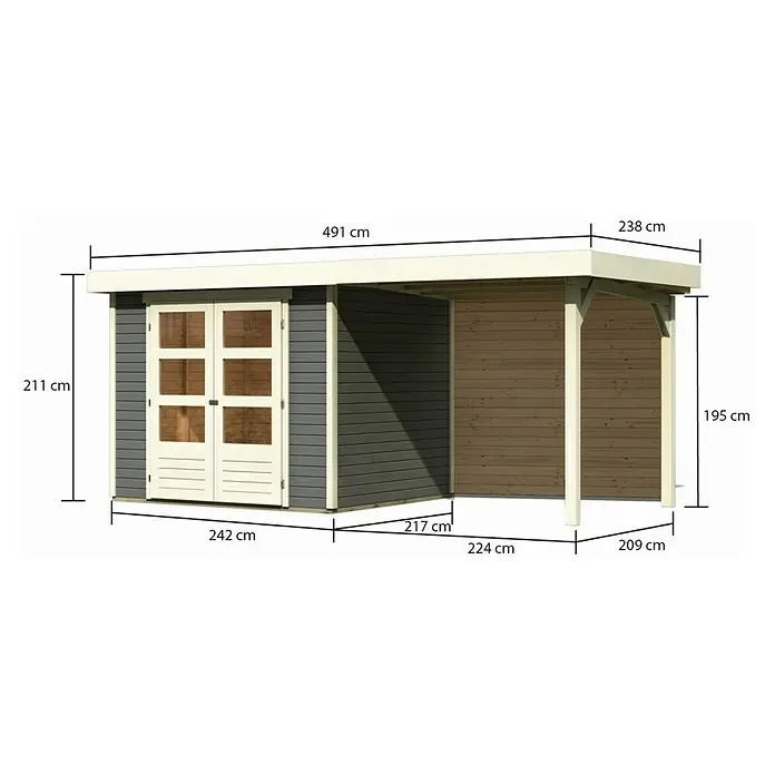 Karibu Gartenhaus Askola 3 - Außenmaß inkl. Dachüberstand (B x T): 491 x 238 cm, Holz, Terragrau, Mit Seitendach und Rückwand - Abbildung eines Gartenhauses mit Anbau und Maßangaben zu Höhe, Breite und Tiefe.