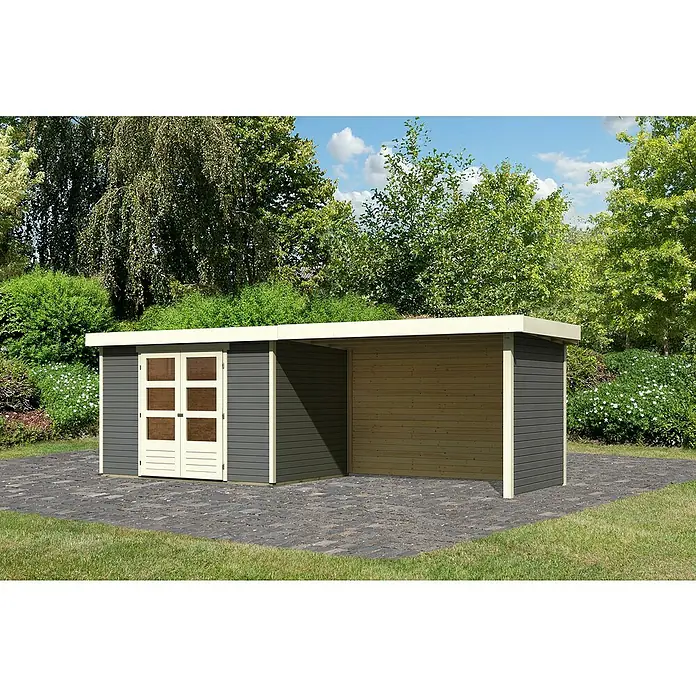 Karibu Gartenhaus Askola 4 - Außenmaß inkl. Dachüberstand (B x T): 591,5 x 238 cm, Holz, Terragrau, Mit Seitendach, Rück- und Seitenwand - Ein modernes Gartenhaus mit Carport-Anbau, ideal für zusätzlichen Stauraum und als Unterstand im Garten.